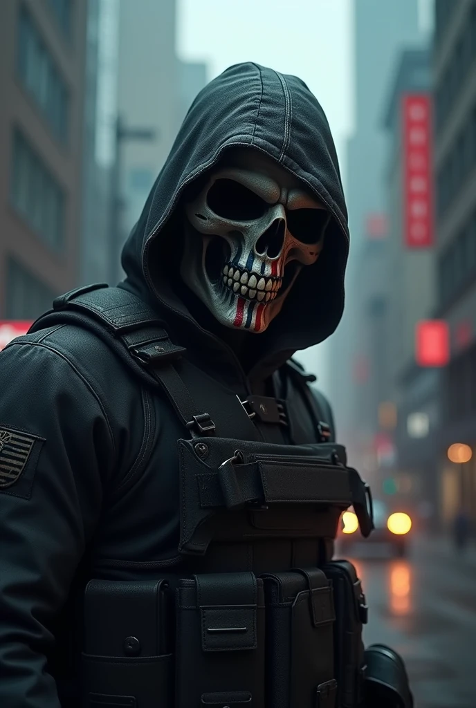 (vigilante anti-hero), hooded figure, skull mask with american flag design, dark tactical outfit, menacing stance, urban cityscape, gloomy overcast lighting, realistic, photorealistic, cinematic, dramatic lighting, moody, atmospheric, highly detailed, intricate, hyper-realistic, sharp focus, 8k, cinematic composition, dark and gritty, chiaroscuro, brooding, intense, powerful, imposing, formidable, heroic, valiant, bold, vivid colors, gripping, captivating