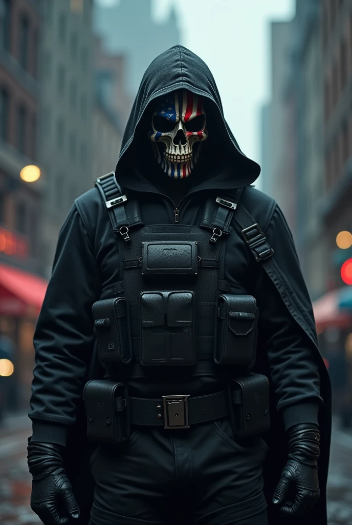 (vigilante anti-hero), hooded figure, skull mask with american flag design, dark tactical outfit, menacing stance, urban cityscape, gloomy overcast lighting, realistic, photorealistic, cinematic, dramatic lighting, moody, atmospheric, highly detailed, intricate, hyper-realistic, sharp focus, 8k, cinematic composition, dark and gritty, chiaroscuro, brooding, intense, powerful, imposing, formidable, heroic, valiant, bold, vivid colors, gripping, captivating