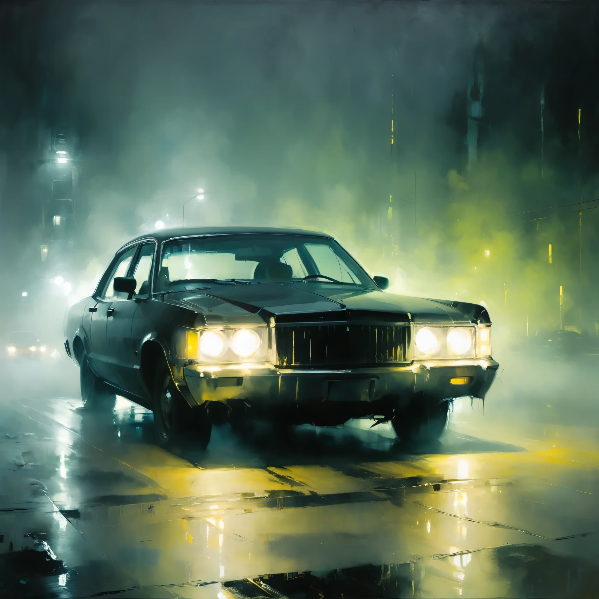 in style of Jeremy Mann
part of the front of the 1 sedan,wrapped in misty fog,the light from the front of the car penetrates the dense fog to form a fluorescent tindal effect,a girl wearing a black dress sitting in a position illuminated by the headlights,(oil painting style:1.5)