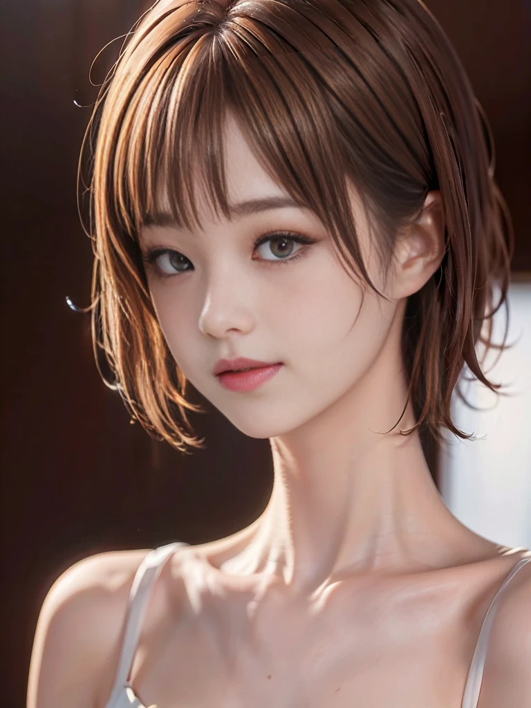 Masterpiece,best quality,solo, 1 beautiful Japanese girl,25 year old,(sparkling black eyes,round eyes, droopy eyes, large eyes),(pale skin),(light chestnut-colored hair,soft and fluffy hair,very short hair,short except for bangs and sideburns:1.5),(smile gently, sexy smile:1.2),(big breasts:1.2),