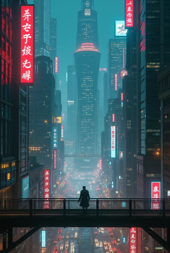 Design a city as cyberpunk. View from a pedestrian bridge connected between buildings
Let Neon stand out in the image. Being night

In the First person.
