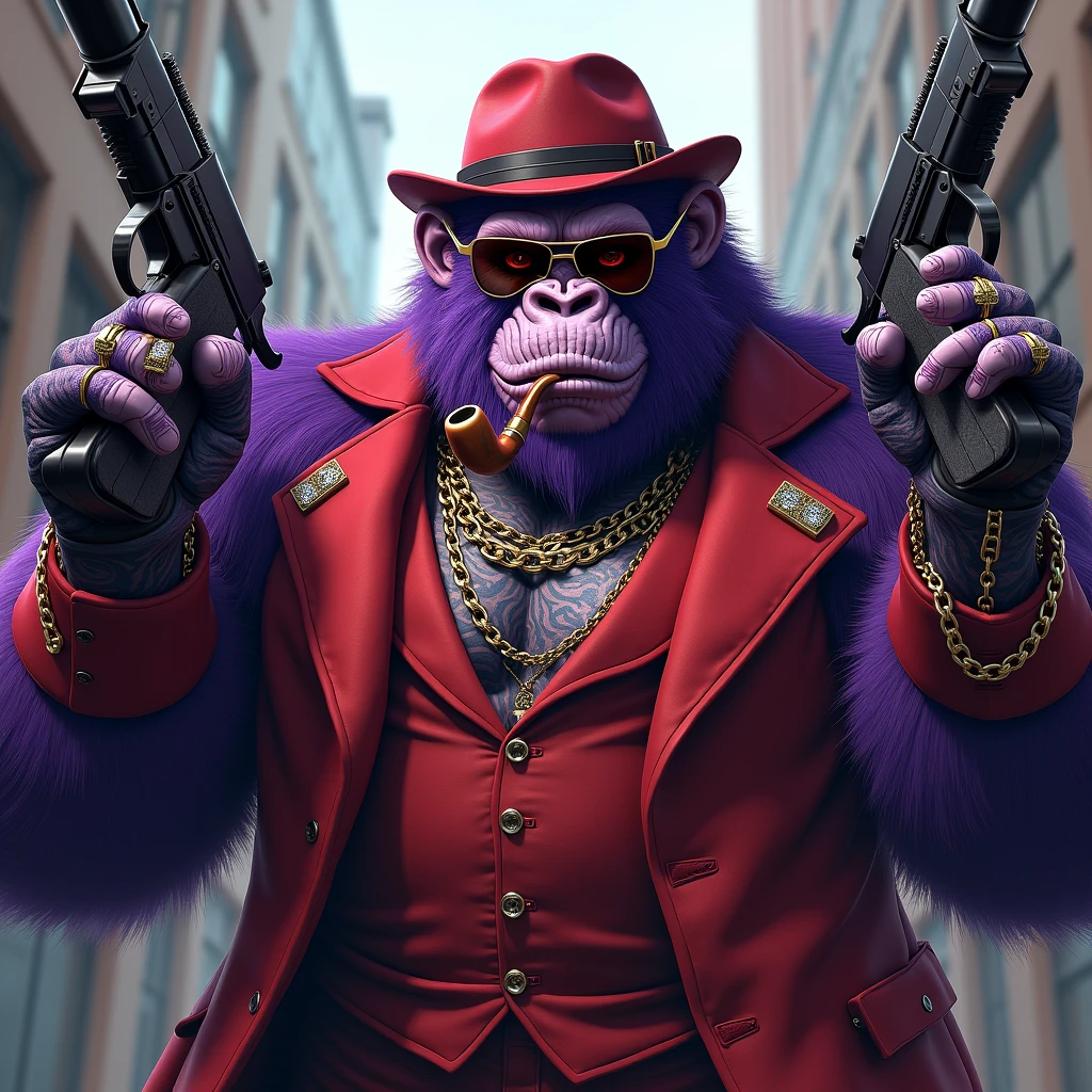 1 purple ape, With giant and high-caliber weapons, with a red gangster suit with chains, hat and glasses, tattooed, with huge diamond and gold rings, smoking with a pipe, making a heart with your hand