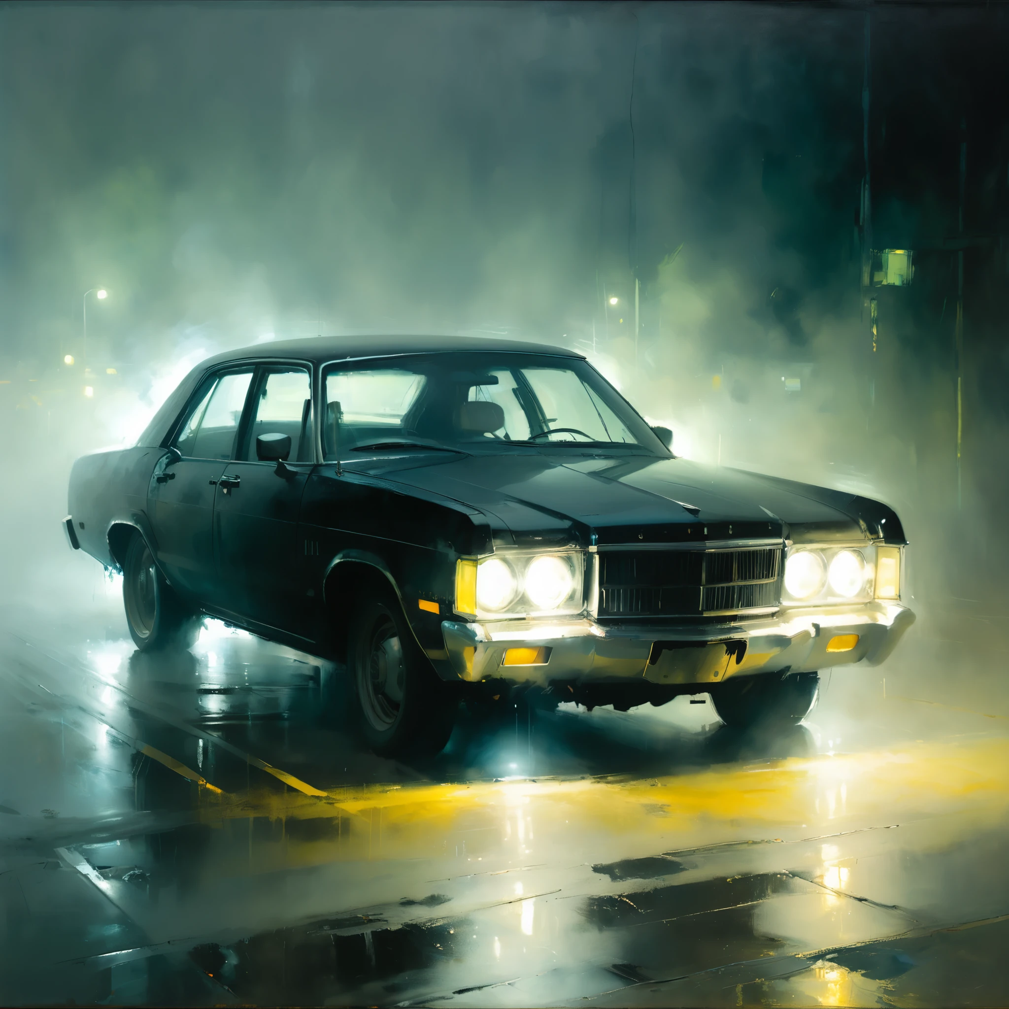 in style of Jeremy Mann
part of the front of the 1 sedan,wrapped in misty fog,the light from the front of the car penetrates the dense fog to form a fluorescent tindal effect,a girl wearing a black dress sitting in a position illuminated by the headlights,(oil painting style:1.5)