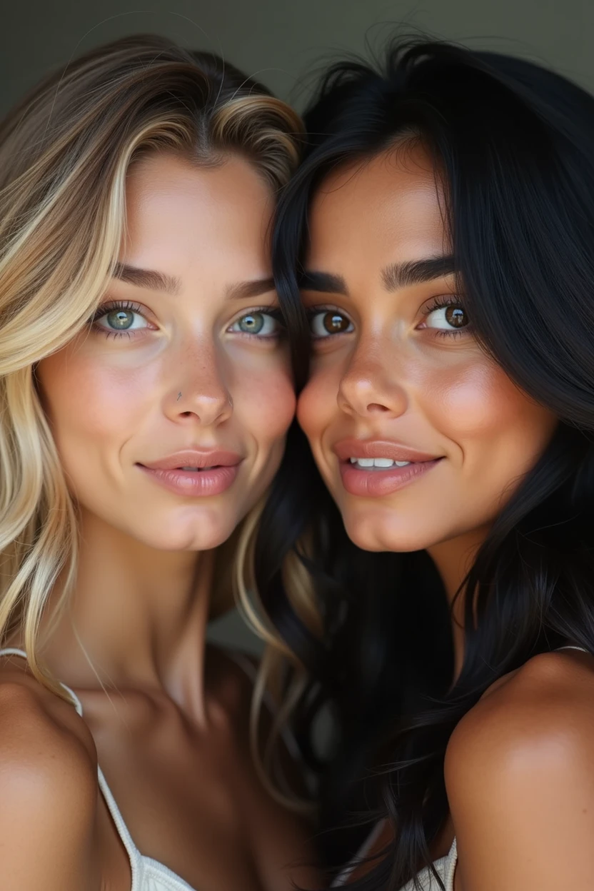 A blonde girl with wavy hair with her Hispanic friend with black hair and almond-shaped eyes, oval face shape, prominent cheekbones, and naturally wavy hair ,with a height of 170 cm, high resolution, work of art, best qualityer, complexdetails, highy detailed, sharpening, Detailed texture skin, Perfect eye details, Profession, 4k resolution, charming smile, shot with Canon, Depth of field, Cores Kodak Vision, extremely detaild, Fotografia Ultra-Realista, photo realist, Post-processing, Maximum details, True to life, instagram model, ensure that the model's entire body is shown