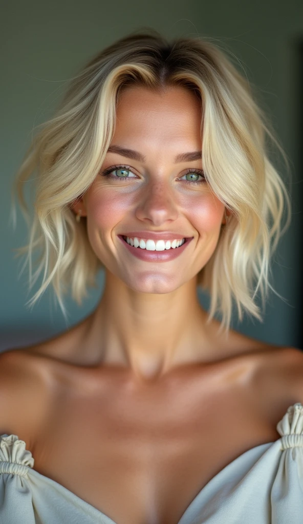 blond woman smiling at the camera, nina tryggvadottir, color portrait, taken in the mid 2000s, detailed color portrait, taken in the late 2000s, photo of a woman, probably in her 30s, nina masic, in her early 30, colour portrait photograph. Short blonde hair. Short wavy hair. Short bleach blond hair, perfect green eyes. BIBC. Bare shoulders, bare neck, naked, nude.