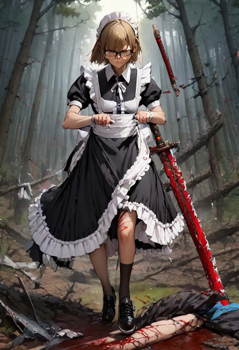 Highest quality, masterpiece, High resolution, alone, , (maid:1.40), (long maid dress:1.15), 19 ,forest,Detailed Background,Glasses,Sword in both hands,Battle Scenes,Blood,Damaged clothes,scar,