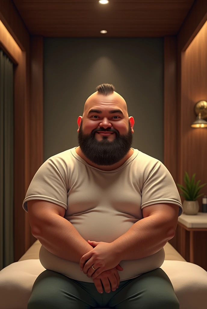 chubby masseur with thick eyebrows, buzz cut. very short beard
