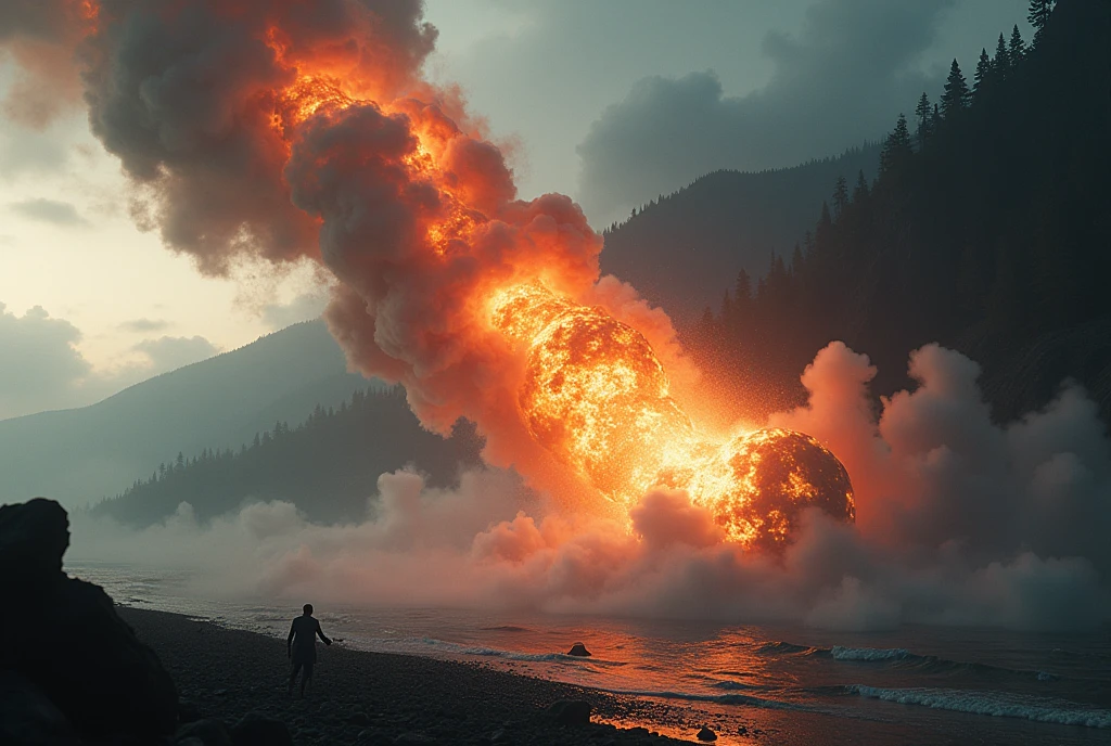 ((scientific credibility)), a asteroid impact on a Earth planet, the asteroid falls at an angle of 70 degrees, asteroid burns as it enters earth's atmosphere, asteroid smoke trail, highly detailed, cinematic, dramatic lighting, volumetric clouds, cinematic camera angle, muted color palette, photorealistic, 8k, best quality, beach, forest