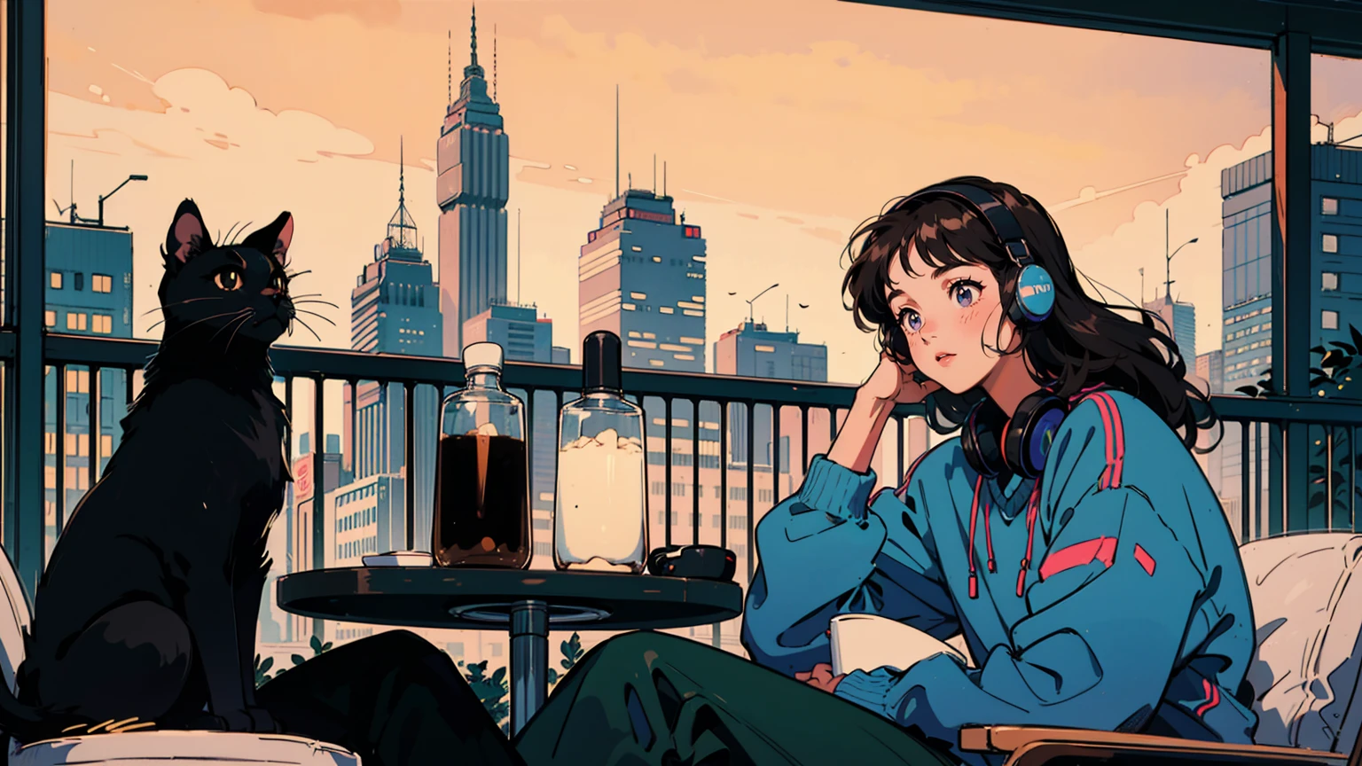 Highest quality, 8k, 1990s style,Hairstyles of the 2010s, 21 year old girl, Black Hair, Long Hair, Light brown eyes, City Pop, pants ,Night view, Wear headphones, whole body, Relax Coffee,table,making,look at me, Black cat, study