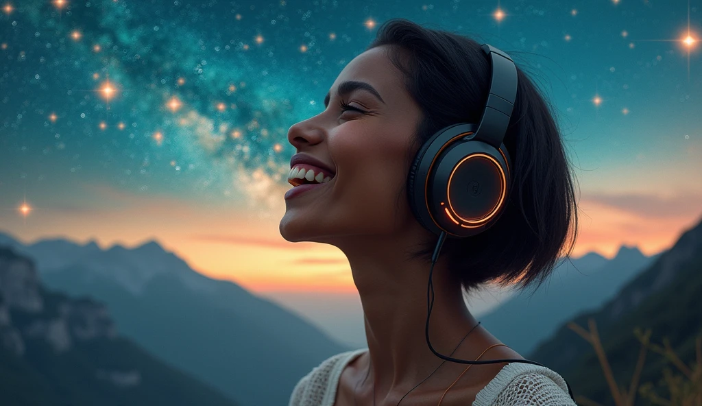 ((best quality)) , ((masterpiece)) , (detailed) , portrait, behance,close up of a slender (indian women:1.2) of Happiness with Supernova skin, French crop hair, Headphones, European mountains, Stars in the sky, horizon-centered, Screen print, Flustered, Suprematism, spotlit, Depth of field 100mm, Film grain, matte, MOBA style, absurdres, Concept Art World, 8k resolution