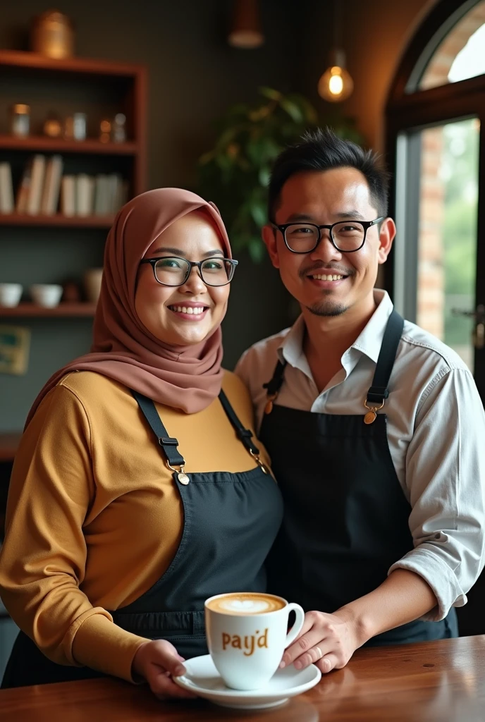 created a beautiful woman hijab ((headscarf behind neck)) with a fat body, glasses, slightly overweight, medium breasts, Malay face. Barista shirt, standing on the side with the barista man 30 year, glasses, Them was a restaurant waiter who delivered a cup of warm coffee, The cup making word Gold inscription "payid", the background is village cafe. the image is very detailed, super HD