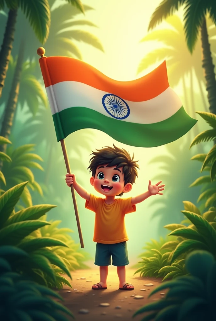 A small cute boy holding Indian flag in his hands and standing left in the middle of the island with greenery background wishing Happy 78th Independence day and the name "Adrush gowda" should be highlighted in the top with bold letters