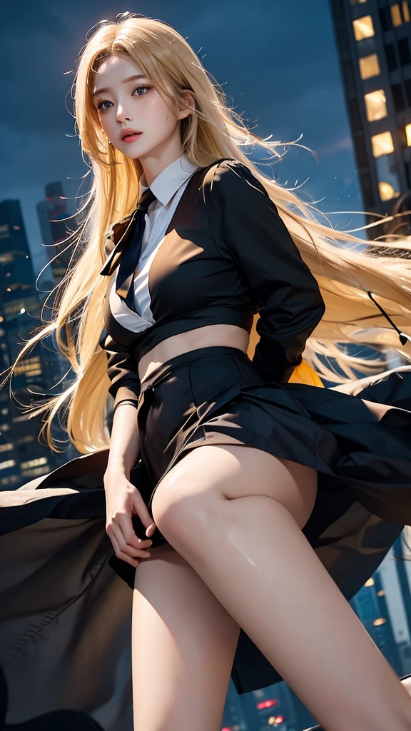 realistic, high resolution, 1 woman, butt up, beautiful eyes, Yellow hair, long hair, round eyes , collar shirt, belly button visible, black tie, black skirt, Rooftop of a high-rise building in the city center, Short skirts that show panties, dressed like a student, wet