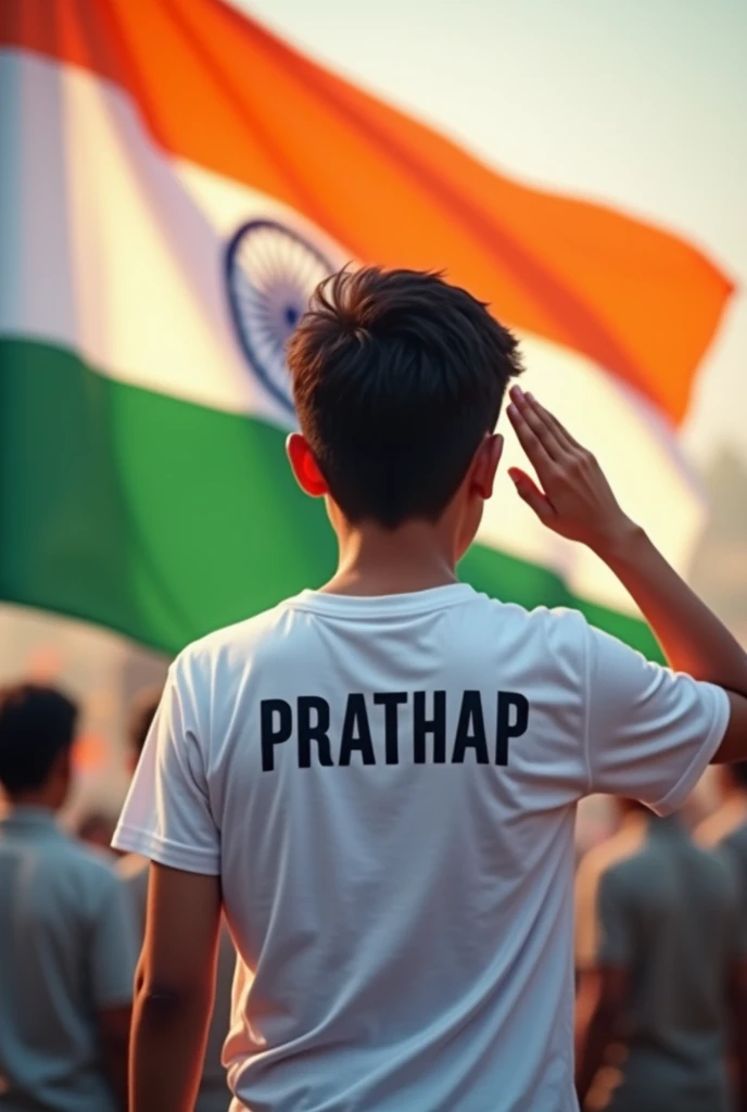  Indian Flag  named 78th indipendent day safron colour one white colour tshirt one 21 years old boy stand  behind the flag  and salute position backside of t shirt name in PRATHAP