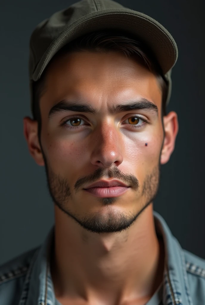 um jovem incrivelmente bonito e quente de 19 anos com cabelos castanhos escuros curtos e olhos castanhos, angular jaw, face da caixa, barba de restolho, Alto e magro, wearing a casual shirt and a cap. dark gray background and studio lighting, Yearbook pose, close-up do personagem, retrato headshot do personagem, close-up do personagem. Little mustache , brown eye , square jaw, soft acnes scars , brown skin, little beard 