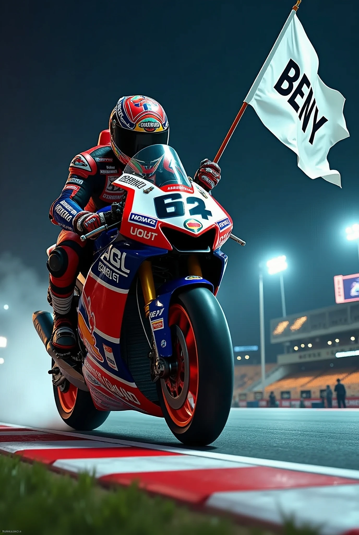 ((best quality)), ((masterpiece)), (detailed), 1man, superbikes rider on cornering pose, one hand holding white flags with text BENY pose to the camerawearing racer wearpack, ninja motorcycle type 10R(green metalic)with sponsors stickers, low angle camera, at nights, race helmet motif, red white corner line, green grass, lightings, podium and billboard, realistics and detailed vision.