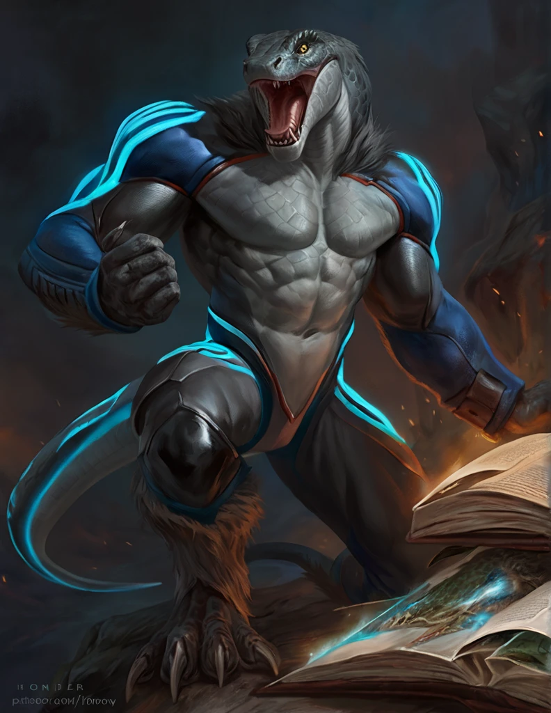 a ferocious male lizardfolk druid, muscular detailed body, gray color body, yellow eyes, hungry, open mouth, neon blue insides, masculine pose, tall topless, magic bodysuit, comic book style, best quality, 4k, ultra-detailed, realistic, by laobai, by taran fiddler, by honovy