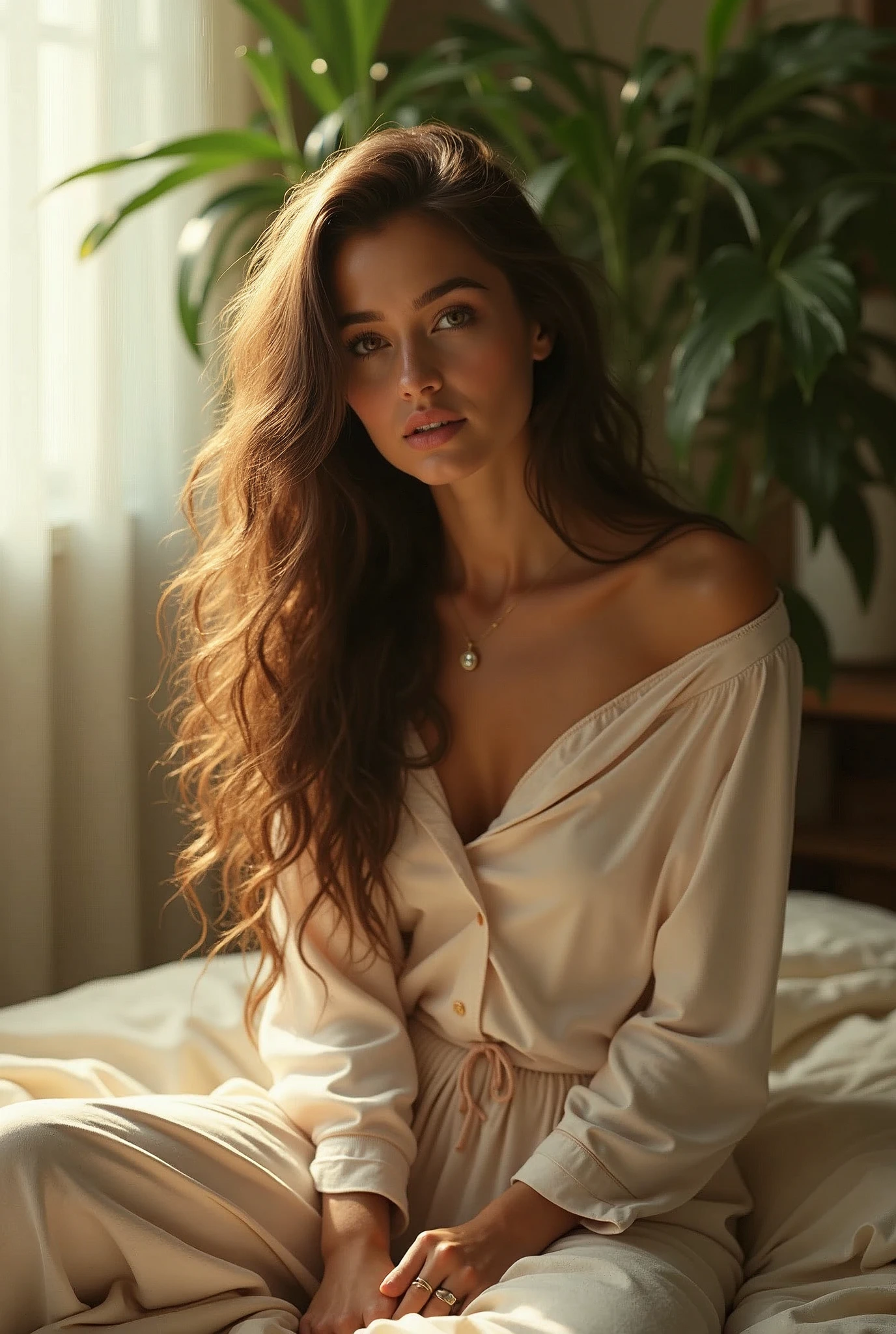(photorealism:1.2), beautiful woman, sitting on bed, wearing loose off-shoulder top, pajama pants, long curly hair, indoors, soft lighting, plants in background, window with sunlight, cozy room, relaxed pose, realistic, intricate details, warm colors, by Greg Rutkowski, by Alphonse Mucha