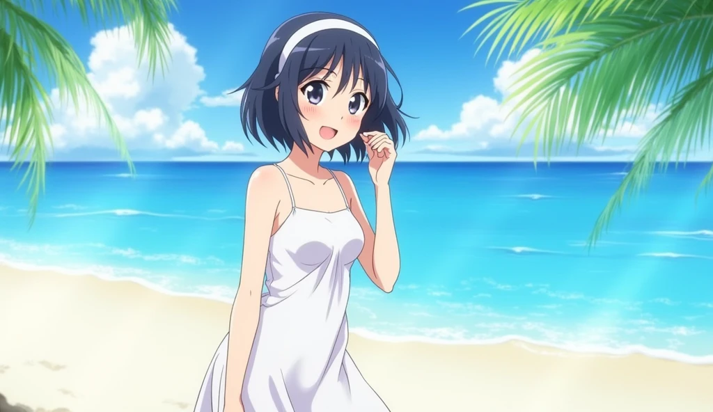 Japanese anime,80s Anime,Long lashes,,White skin,Shortcuts, smile, Headband, White dress,Highest quality, Lens flare, Wide angle, Illustration, White sand beach,Ocean,Palm tree