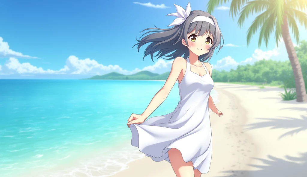 Japanese anime,80s Anime,Long lashes,,White skin,Shortcuts, smile, Headband, White dress,Highest quality, Lens flare, Wide angle, Illustration, White sand beach,Ocean,Palm tree