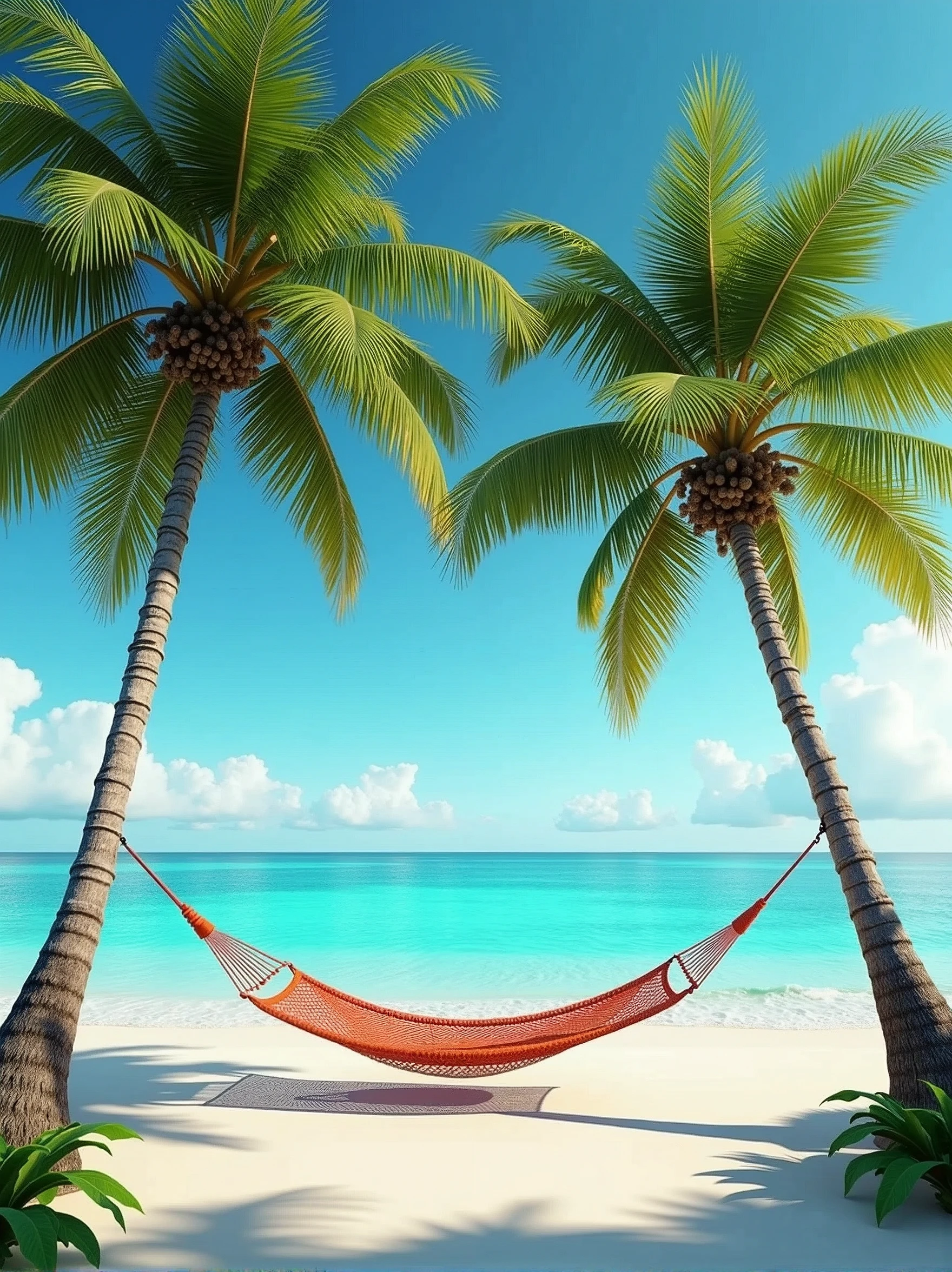 Caribbean beach with fine white sand and turquoise water in the background. In the foreground 2 large palm trees separated by a hammock