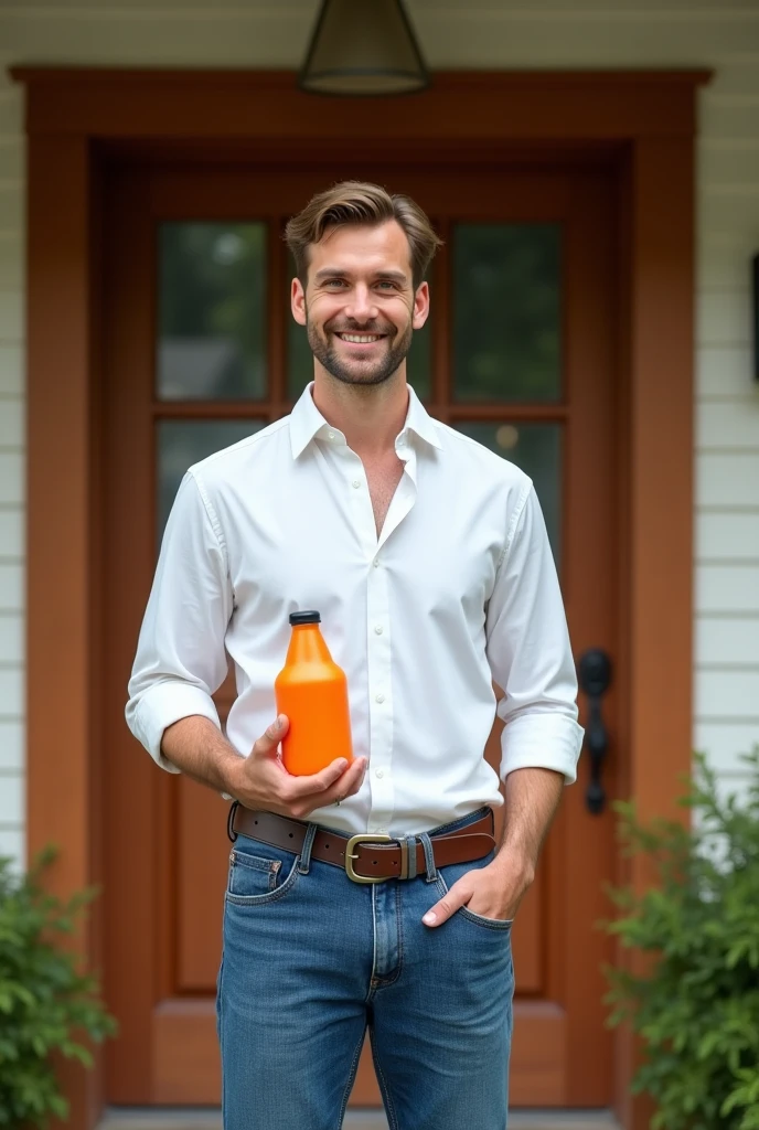 (photorealism:1.2),a handsome man, wearing a white shirt and blue jeans, smiling, standing in front of house door, holding orange colore laran
