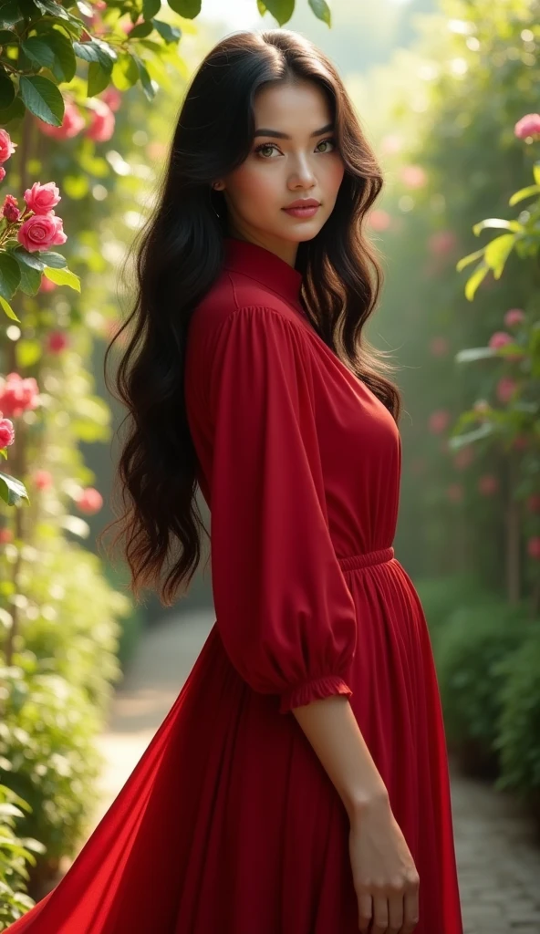 a beautiful girl with big green eyes, full lips, long eyelashes, curvy pear-shaped body, fair skin, long wavy dark hair, wearing a flowing red hijab dress, showing her big breast, standing in a lush garden with blooming flowers, sunlight filtering through the trees, serene and peaceful atmosphere, (best quality,4k,8k,highres,masterpiece:1.2),ultra-detailed,(realistic,photorealistic,photo-realistic:1.37),portrait,fantasy,highly detailed,intricate details,warm colors,soft lighting