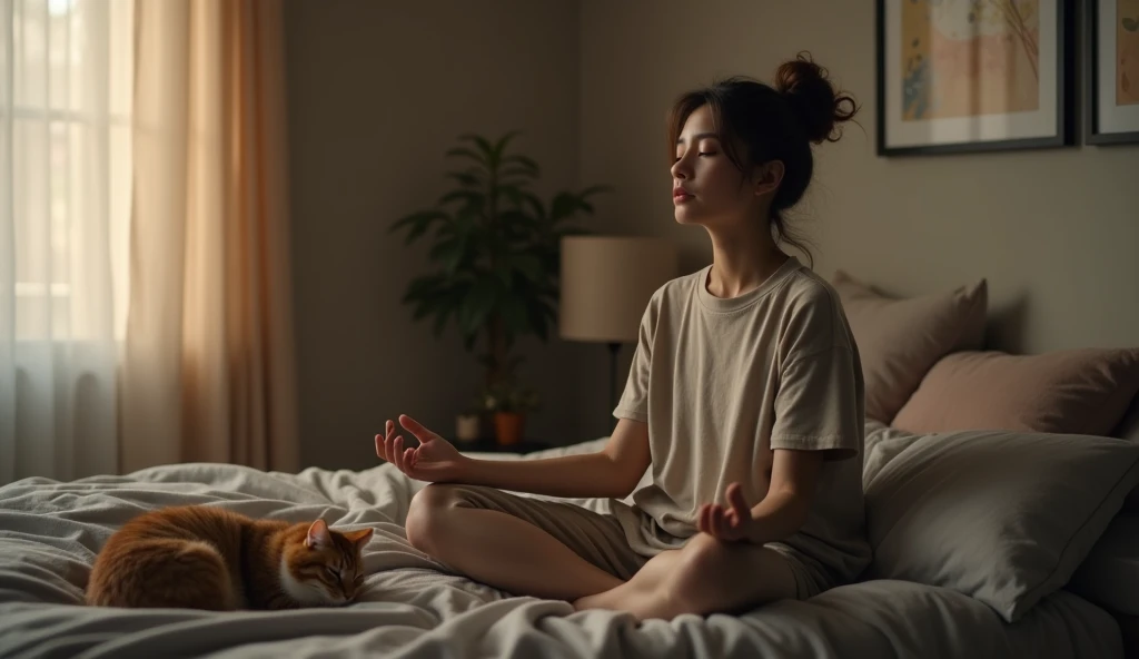 first work, Better Quality, Movie stills, One person, Someone is meditating in their room on a bed next to a cat.