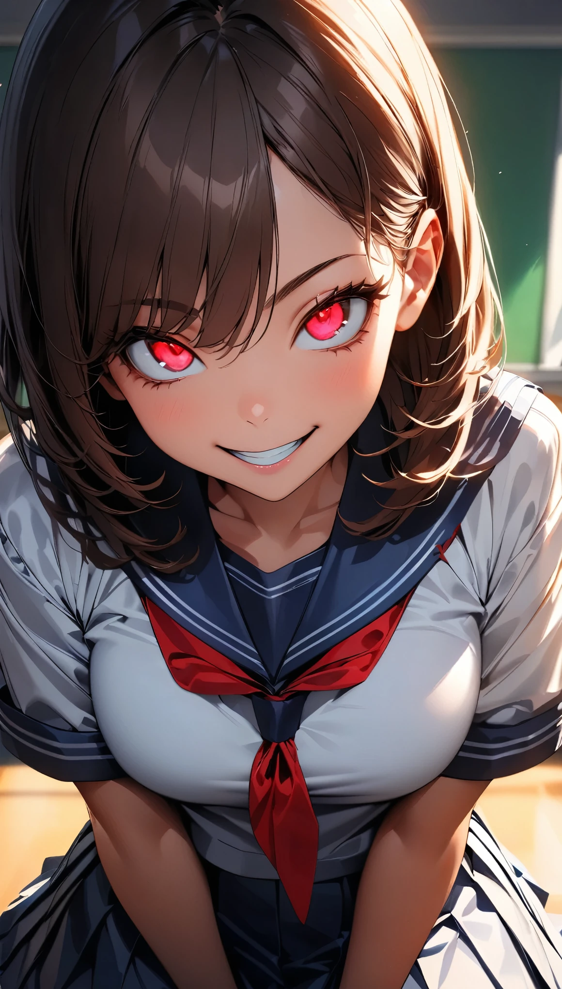 (Highest quality:1.2, Very detailed, up to date, Vibrant, Ultra-high resolution, High Contrast, masterpiece:1.2, Highest quality, Best aesthetics), (((1 person))), Girl with chestnut hair, light red eyes, crazy smile, Sailor suit, Pleated skirt, Hands behind the body, please sit down, Strike a Pose, photo shoot,  School classroom, Sharp focus, Gazing Eyes, Beautiful Skin, Glowing Skin, Perfect Fingers, Five Fingers, Anatomically correct, Background Blur.