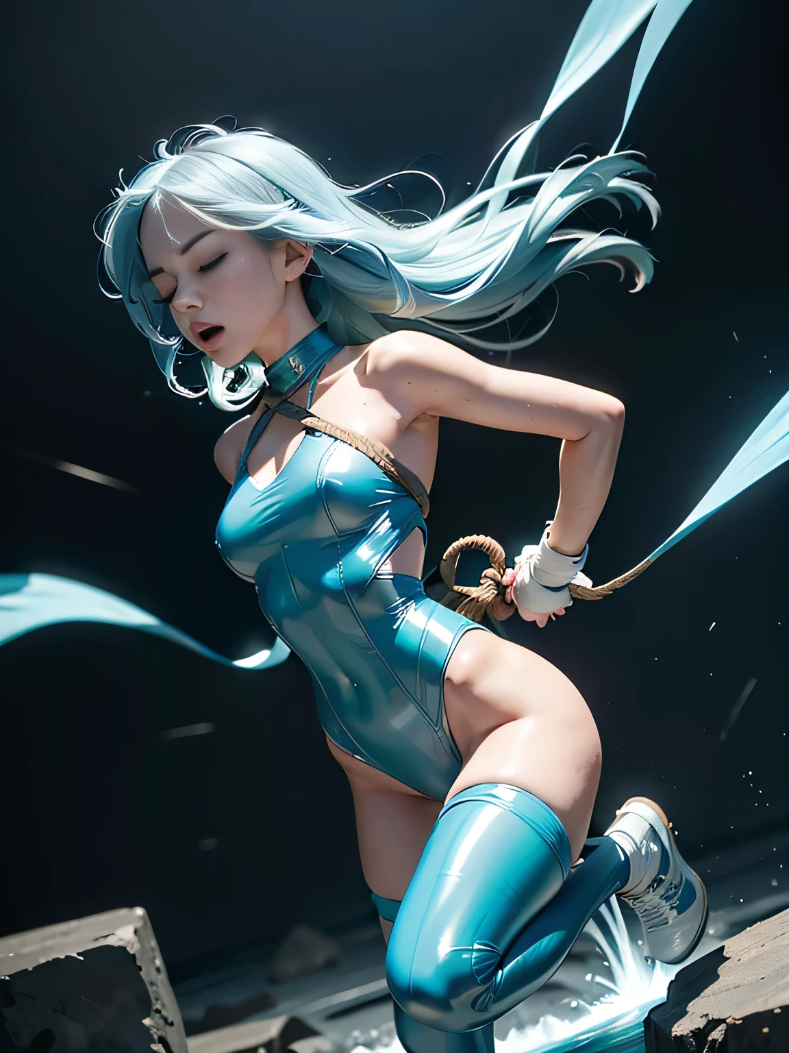 superheroine, long long gorgeous light blue hair, ((rough rope wrapped around body, tighten up)), latex, leotard, skyblue and white costume, captured, shibari, static restrained, ((arms behind back)), chained, rope bind,collared, cruelly, painful, helpless, humiliating, regrettable, being whipped,((screaming in pain)), falling body, eyes closed, running away, ((directly strucked by electric shock)), lean back, body lying down, body fall down, floating in air, full body shot, in alien land, bondage