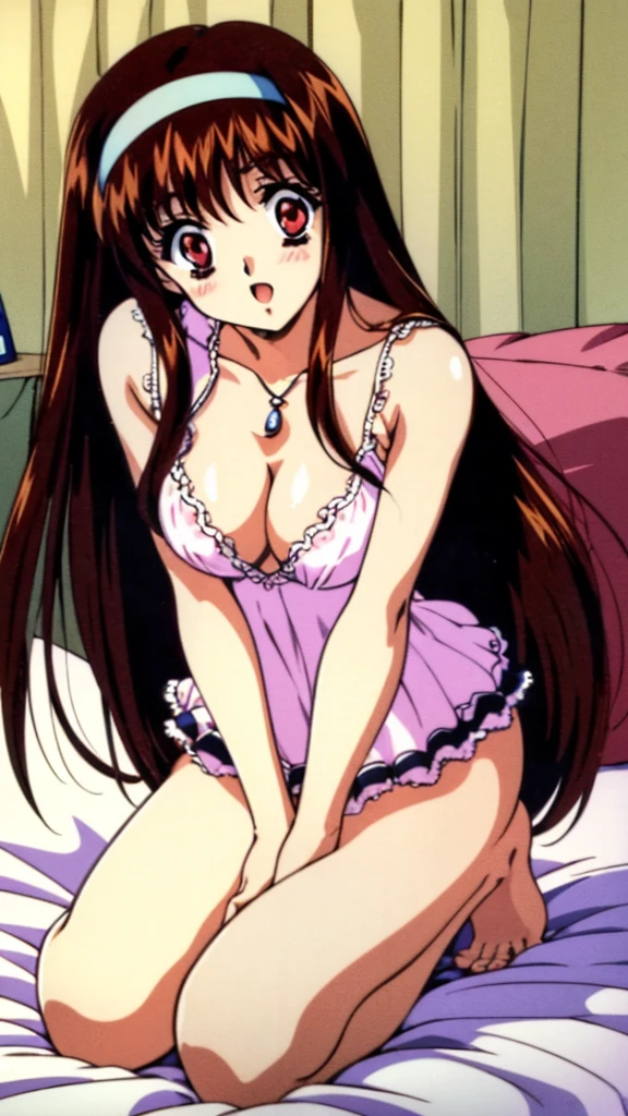 Yuuki Mizuho, One person, alone, Long Hair, hair band, Brown Hair, Red eyes, Open your mouth, blush, Lips parted, liar, On the bed,(handy:1.5), From below, retro artstyle, Well good, ghostwhite panties, barefoot, Lack of shoes, No skirt, cowgirl position, open legs, on bed, 1990s (style), expensive quality, very_expensive_solve, big_file size, Full Color,(nup, plunging necklines:1.5)