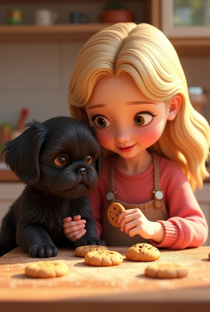 1 blonde girl, cute black shih tzu puppy, 3d render, 2d animation, eating cookies, colorful, 3d pixar style, dynamic composition, cinematic lighting, baking cookies, photorealistic, high quality, intricate details, soft textures, warm colors, playful expression, adorable, photorealistic, best quality, 8k, hyperrealistic, detailed, sharp focus, professional 3d rendering