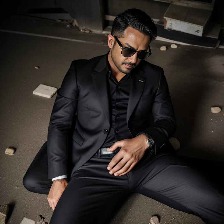40 years old,One Man,Black Suit,Abandoned factory at night、mafia、Pistol、Sleeping with legs spread wide on the rubble、Scream、,,logic,Gay ,Very short hair、,Stubble,Black sunglasses,Asian Faces, The crotch area of my trousers is swollen、 View from above Crotch close-up