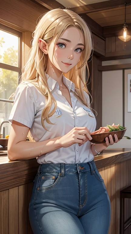 masterpiece, Highest quality, Highly detailed CG Unity 8K wallpapers,((Seat image)), ((soba noodle shop counter, Eating unknown meat)), (Long pointy ears), Elegant long wavy platinum blonde hair, ((Average Chest Circumference, Self-illuminating skin)), ((Active denim shirt)), (Sweaty, Wet white skin), (blush), , (Captivating smile), cute, Symmetrical face, fine grain, Key Art, Awards, intricate detail realism hdr, Photorealism, Hyperrealism, Ultra-realistic, Dramatic Light, Strong Shadows, Nice views, Written boundary depth