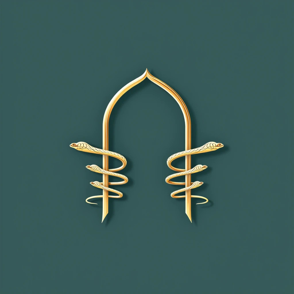 Design a minimalist and elegant logo for Marina Medical Spa, begins with the central symbol of the arch of Cabo San Lucas. Gently encircling the arch, incorporates two stylized snakes that elegantly wrap around a thin, polished staff, glowing in gold to convey a sense of luxury and distinction.
The background of the logo features a soft shade of navy blue or emerald green, evoking a feeling of tranquility and health. The snakes, with f lines