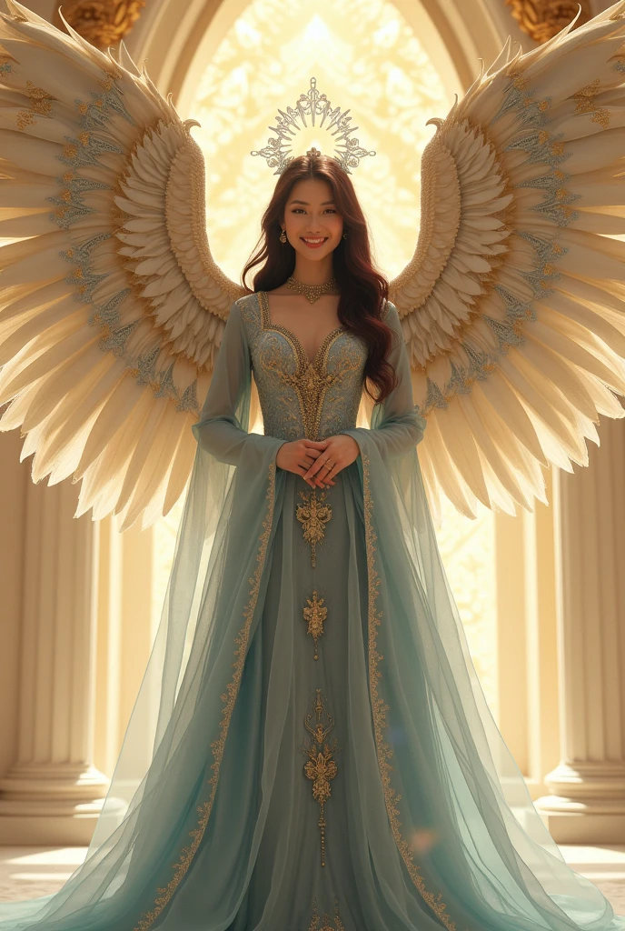 ((Very beautiful angel queen,The final form as a perfect angel, the masterpiece of an angel,Huge and intricate angel wings,The most dignified wings,Golden light,shining background,The most opulent and holy temple background,White and gold temple background,King of Angels,The most dignified angel,Intricate and solemn dresses,Light blue and gold embellishment dress on white,Light blue and gold dress on white base,Complex and majestic angel figure,The most majestic figure of the devil,The most intricately depicted figure of an angel,The World's Most Beautiful,Unimaginable beauties,divine atmosphere,The most intricate and beautiful dresses,Intricate reproduction of the perfect angelic detail,The figure of an unimaginably gorgeous angel,The figure of an unimaginably huge angel)), (((Tyndall effect;1.45))), ((Most beautiful face,Half Japan and half Spanish,The biggest happy smile,Beautiful wavy hair,Black and red hair,The most luxurious and intricate dresses,The biggest smile looking at the camera)),(Elegant standing figure,Fold your hands in front of your navel,)),Chest that seems to burst,Giant wings of angels,The background is the appearance of a perfect angel castle,Masterpiece,8K,very intricate,ultra-detailliert,