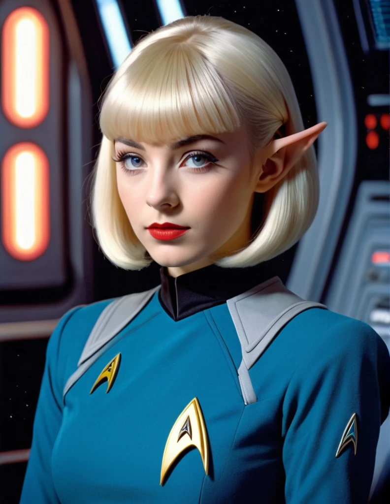very attractive 25 year old girl with platinum blonde bob hair, with bangs, wearing star trek uniform fromthe next generation, pointed vulcan ears, photo quality