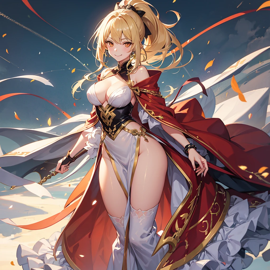 1girl,mesugaki,,gown,blonde hair,high ponytail,long_eyelashes,orange eyes,medium breasts,smirk,penis_grab,
