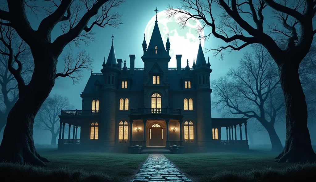 The mansion illuminated by a full moon, casting eerie shadows.