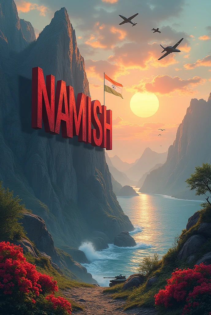 NAMISH big size in red colour WEITTEN ON MOUNTAIN WITH INDIAN NATIONAL FLAGE SUN RISING AND SEA WATER WITH FLOWERs and aeroplane and birds and army war situation with tank