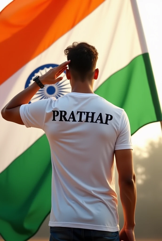 Indian Flag named 78th indipendent day safron colour one white colour tshirt one 25 years old boy stand behind the flag and salute position backside of t shirt name in PRATHAP