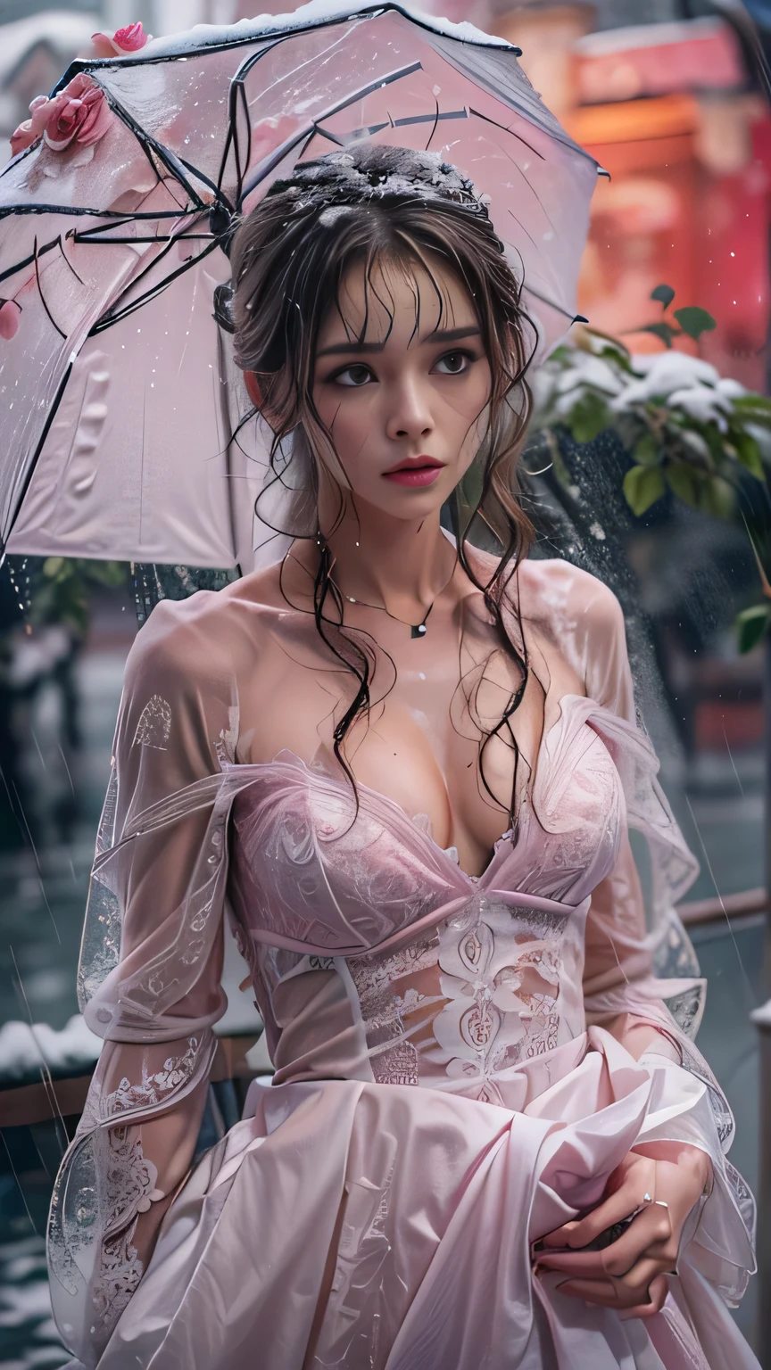 (RAW shooting, Photorealistic:1.5, 8k, Highest quality, masterpiece, Ultra-high resolution), ((((heavy snow, storm)))), Highly detailed skin and facial textures:1.3, Perfect dynamic composition:1.2, (Modern city in front of the church at night, Expressions of sadness:1.0, Tears flow:1.0, Crying with a broken heart:1.0), Slim office lady wet with rain:1.3, Cowboy Shot, Fair skin:1.2, Sexy beauty:1.1, Perfect Style:1.2, beautifully、aesthetic:1.1, Very beautiful face:1.2, Water droplets on the skin, (Rain dripping down on my body:1.2, Wet body:1.2, Wet Hair:1.3), (Professional dressing:1.1, Bouquet of wet roses in hand:1.2, How to wear a wet pink wedding dress correctly:1.3), (Mid-chest, See-through bra, Chest gap),  (Beautiful erotic eyes:0.8, Too erotic:0.8, Fascinating:0.8), necklace, Earrings, bracelet, wedding ring, Highly detailed and accurate hands and fingers