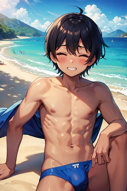 ((((masterpiece)))), high quality, best quality, perfect face, naive, masterpiece,(best quality),(colorful), expressive eyes, blush, shirtless, cute boy, gay , closed eyes grin, blue men's bikini brief colorful underwear, dark skin,1 boy, peace fingers, sit, black hairShort hair, beach