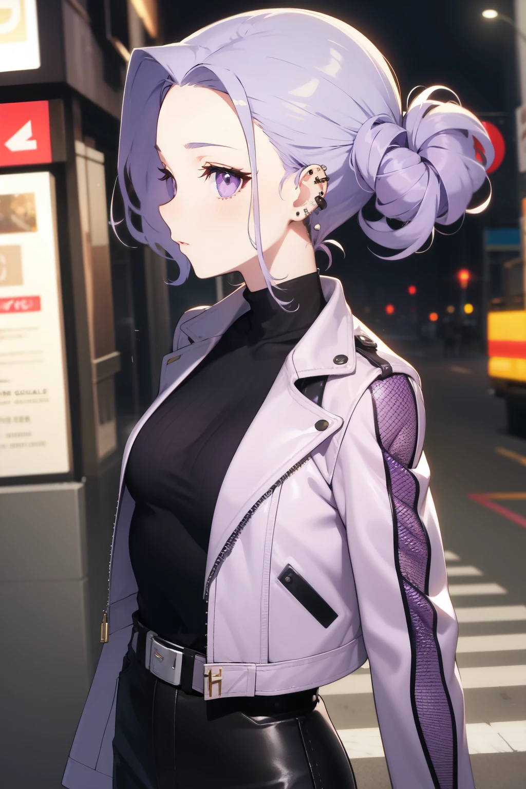 Visible forehead, side profile, silver and purple mesh hair, boyish curly style, flashy street fashion, leather jacket, turtleneck, belt, lots of piercings, downcast eyes, pale purple eyes