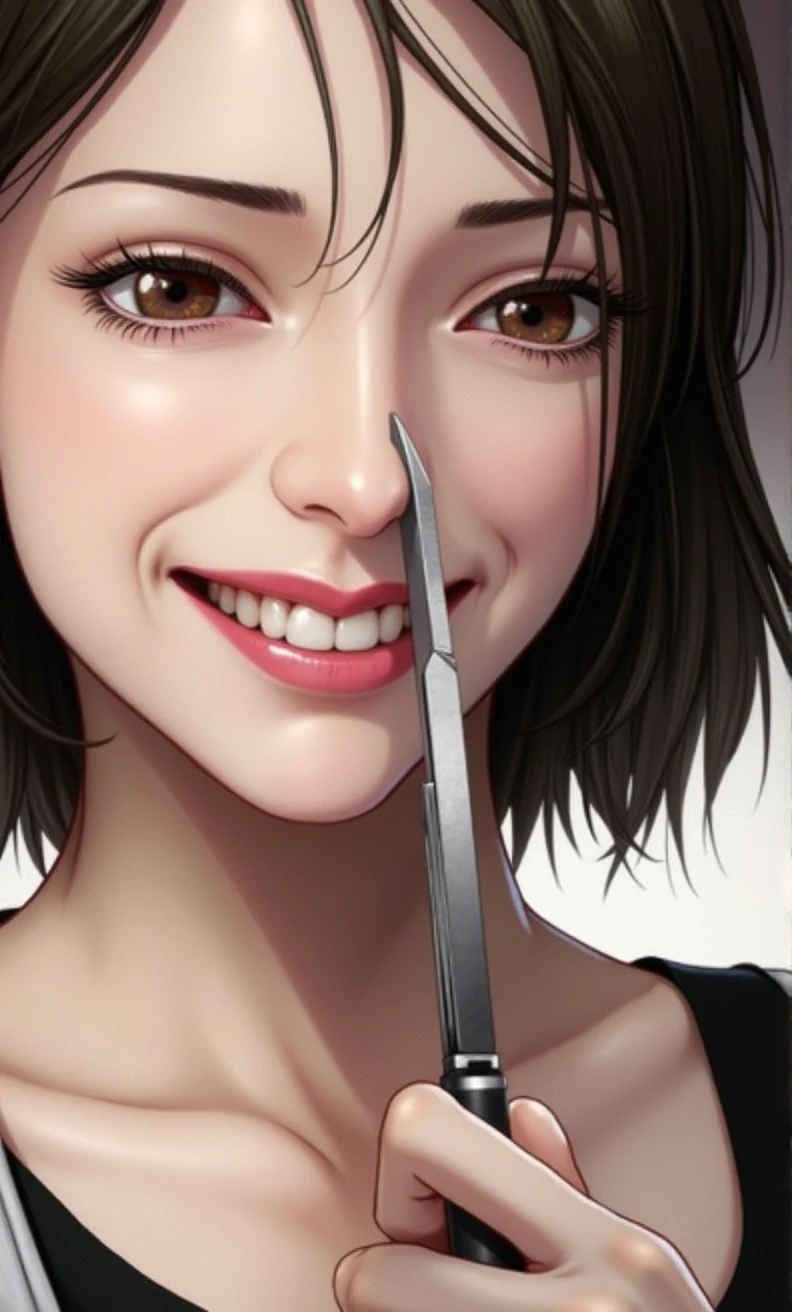 Male patient on operating table、Female doctor performing abdominal dissection 2、(Sadistic female doctor opening her laparotomy:2)、Female doctor with scalpel for surgical surgery、Devilish Smile, Look at viewers