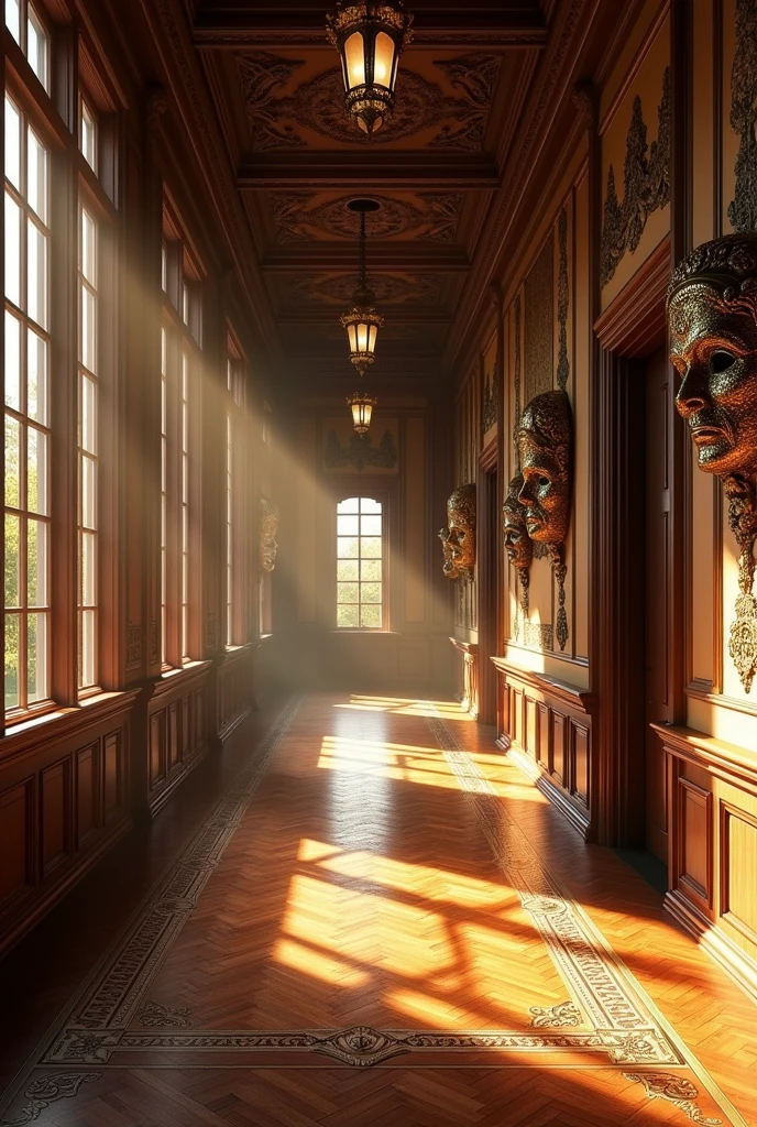 A long corridor in Maxton Hall with large windows on one side letting in golden September sunlight. The walls on the other side are decorated with intricate Venetian masks. The corridor is lined with dark wooden doors and vintage-style light fixtures hanging from the ceiling. The atmosphere is prestigious and slightly old-fashioned."Realista, cinematic, 8k