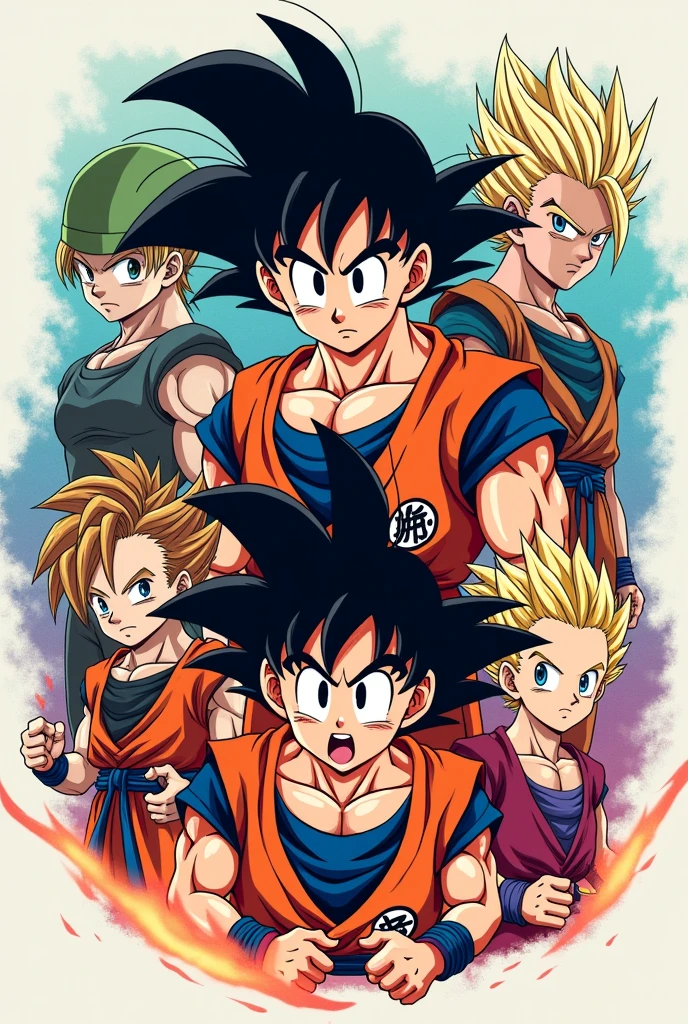 Create a Dragon Ball Z All Characters in one frame realistic logo for t shirt