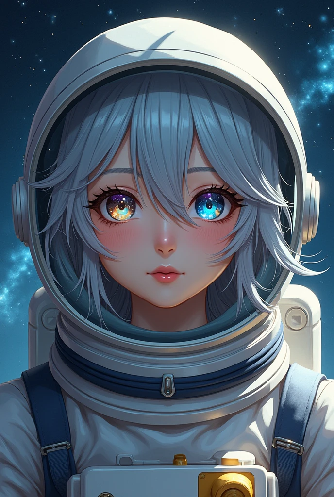 (Get a closer look at more masterpieces:1.5)0.9], (Space and astronauts:1.2) (Messy silver hair:1.1) (Heterochromia xanthochromia and blue eyes:1.2) (Space Helmet:1.0) (Colored stars in the eyes:1.0) (shining:1.1) (thick lips:0.9)