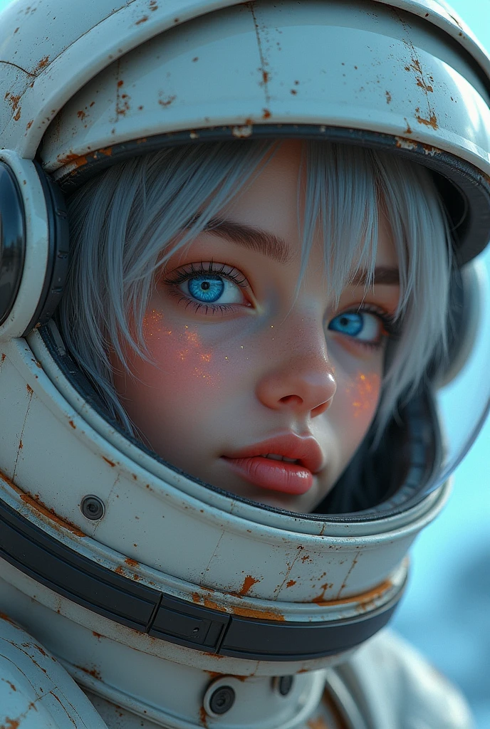 (Get a closer look at more masterpieces:1.5)0.9], (Space and astronauts:1.2) (Messy silver hair:1.1) (Heterochromia xanthochromia and blue eyes:1.2) (Space Helmet:1.0) (Colored stars in the eyes:1.0) (shining:1.1) (thick lips:0.9)