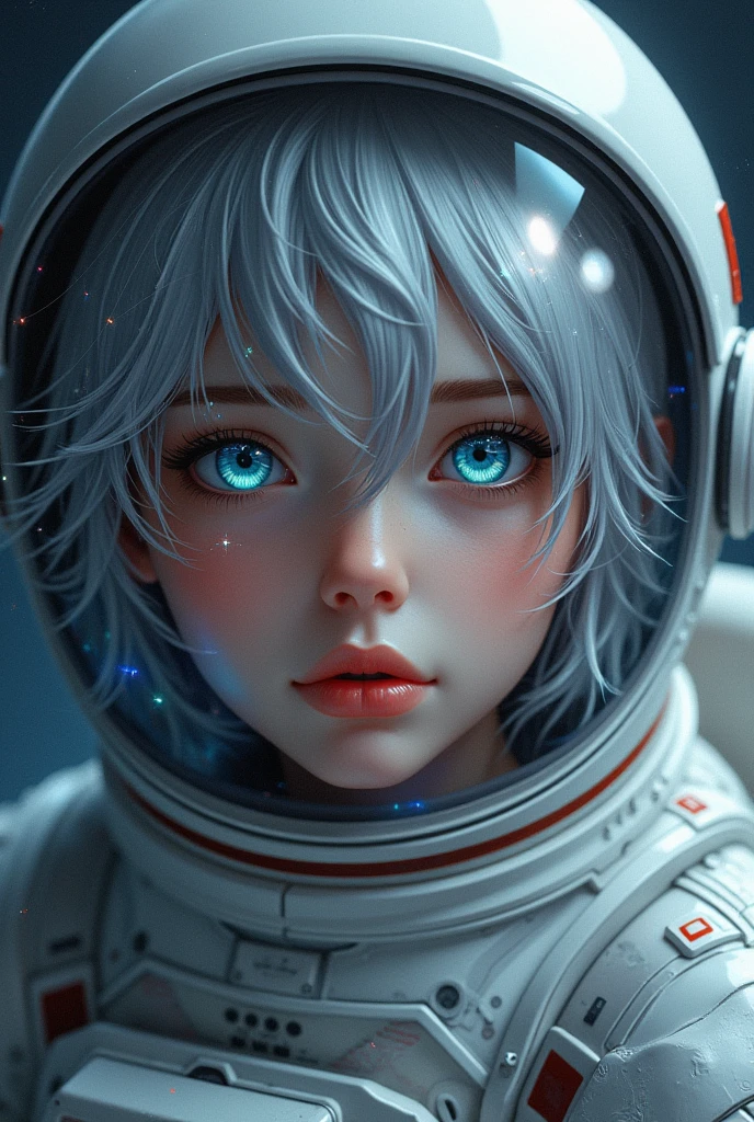 (Get a closer look at more masterpieces:1.5)0.9], (Space and astronauts:1.2) (Messy silver hair:1.1) (Heterochromia xanthochromia and blue eyes:1.2) (Space Helmet:1.0) (Colored stars in the eyes:1.0) (shining:1.1) (thick lips:0.9)